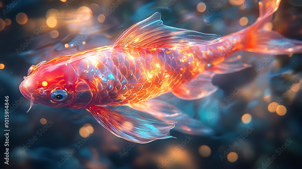A shimmering golden fish with a translucent body swims through a sparkling water, illuminated by warm light. A shimmering golden fish with a translucent body swims through a sparkling water, illuminated by warm light.