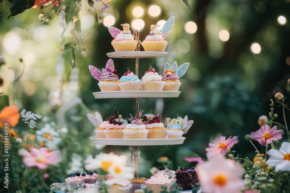 A beautiful display of colorful cupcakes arranged in layers with decorative toppers. Perfect for celebrations and parties. A delightful treat for all ages. Generative AI A beautiful display of colorful cupcakes arranged in layers with decorative toppers. Perfect for celebrations and parties. A delightful treat for all ages. Generative AI