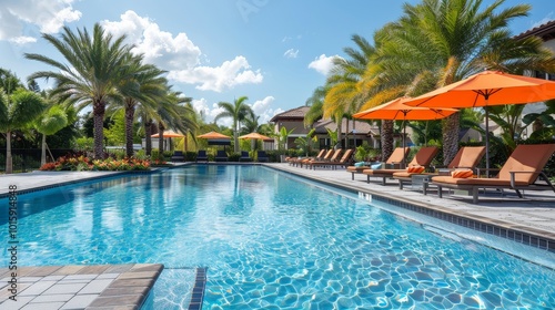 Sunny pool area with chairs and umbrellas in a luxury Florida community, showcasing a vibrant and inviting outdoor space.