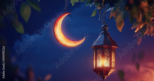 Elegant Islamic Lantern and Crescent Moon Against a Starry Night Sky with Lush Greenery