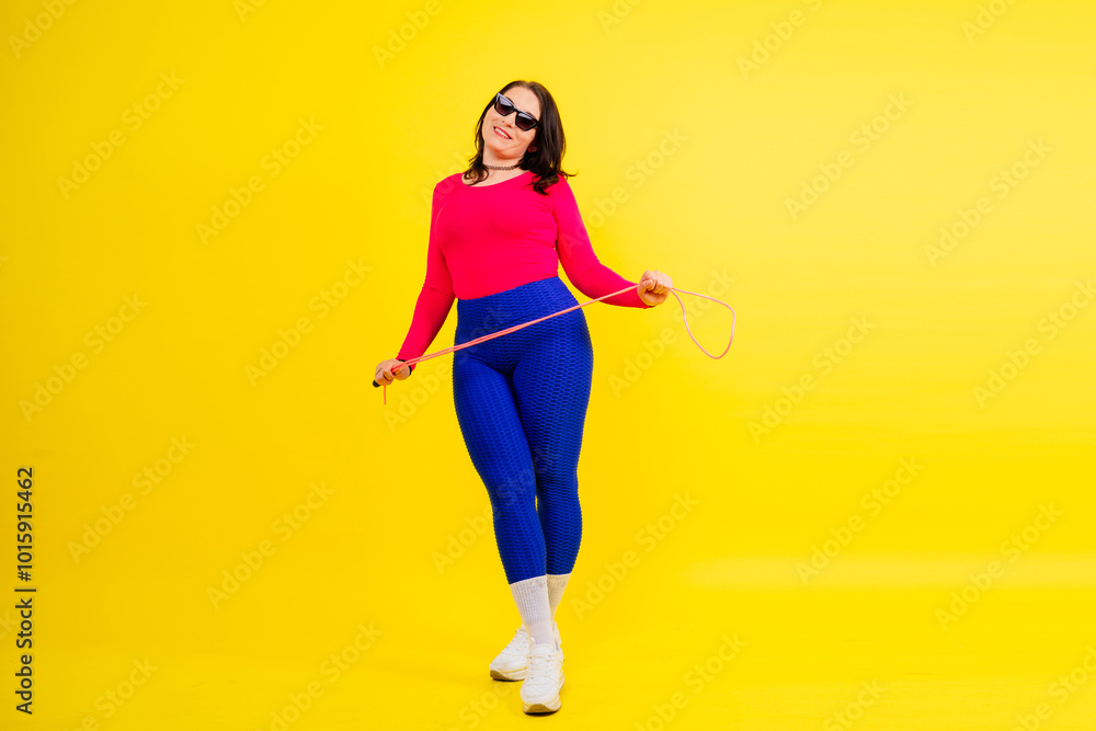Pretty smiling plump female in sporty top and leggings holding jumping rope in hands Pretty smiling plump female in sporty top and leggings holding jumping rope in hands