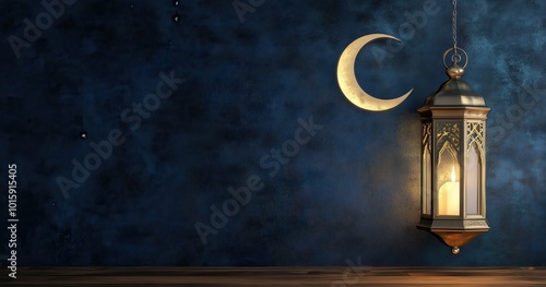 Elegant Islamic Background with Crescent Moon and Lantern on Deep Blue Textured Wall for Spiritual and Cultural Themes