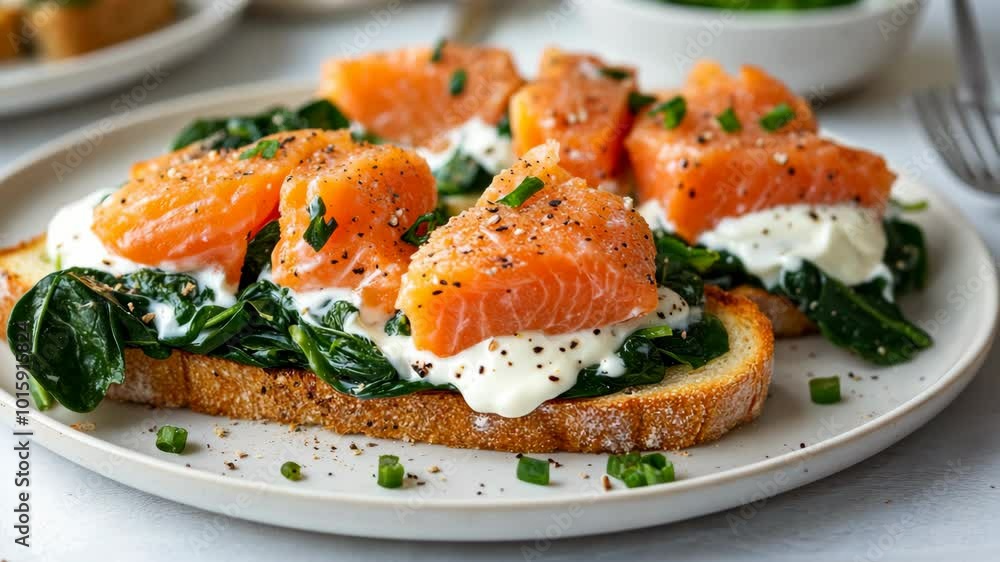 A plate of salmon and spinach toast with a dollop of cream A plate of salmon and spinach toast with a dollop of cream