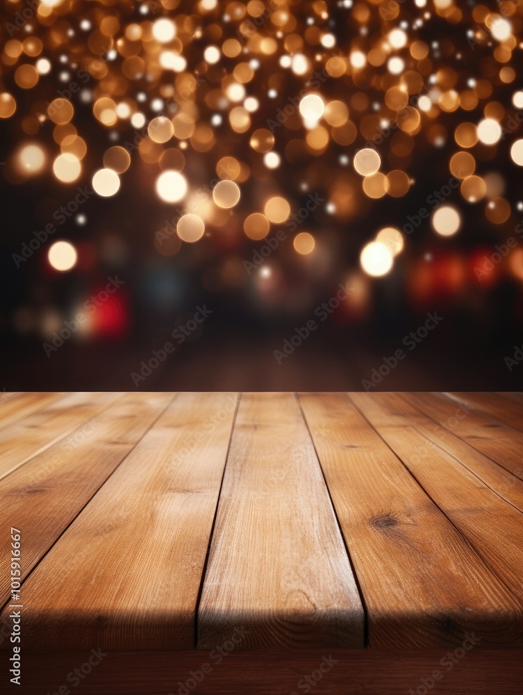 Wood table and blurry Christmas background with copy space Wood table and blurry Christmas background with copy space