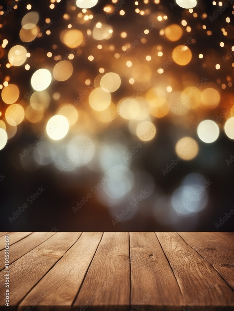 Wood table and blurry Christmas background with copy space Wood table and blurry Christmas background with copy space