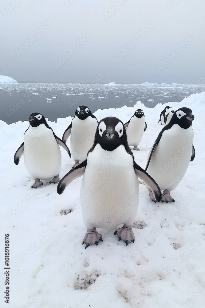 Obraz premium A group of penguins standing in the snow. Concept of unity and togetherness among the penguins as they stand side by side