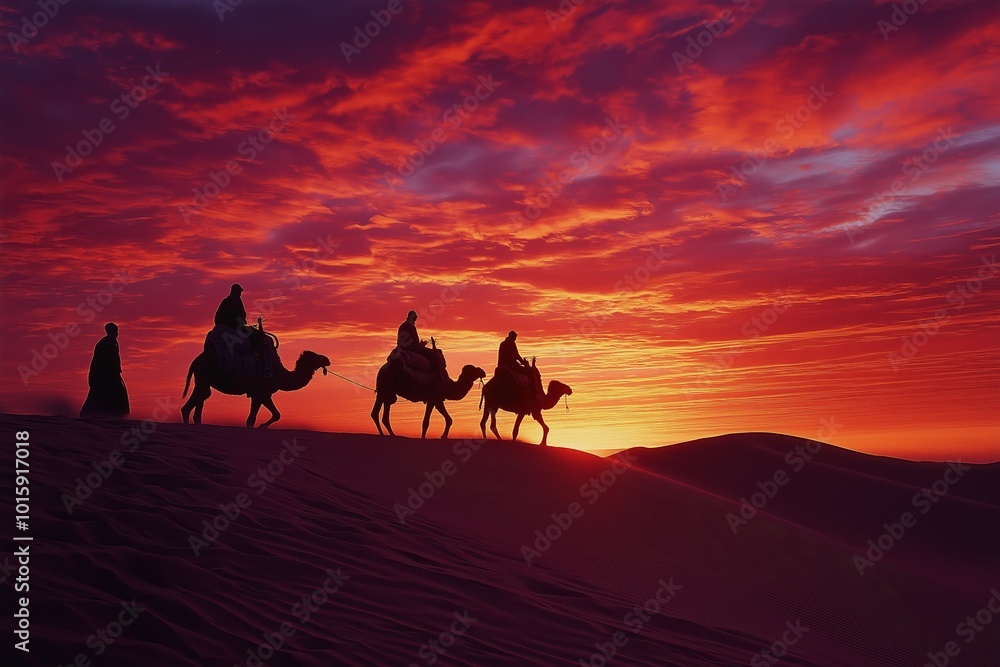 A group of people riding camels on a desert hillside at sunset. The sky is a beautiful mix of orange and pink hues A group of people riding camels on a desert hillside at sunset. The sky is a beautiful mix of orange and pink hues