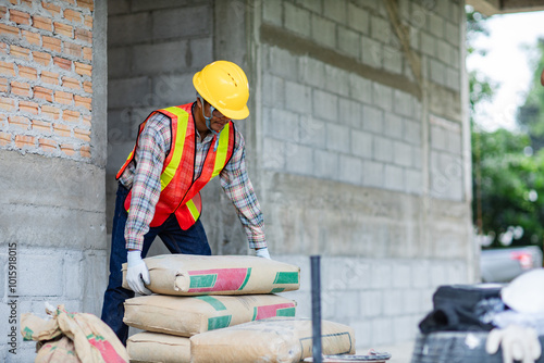 Worker is unloading the bags of cement an apartment is under construction, remodeling, renovation, Construction worker lifting a concrete bag in a house under reformation