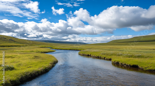 Tranquil river winding through an open meadow under a bright blue sky dotted