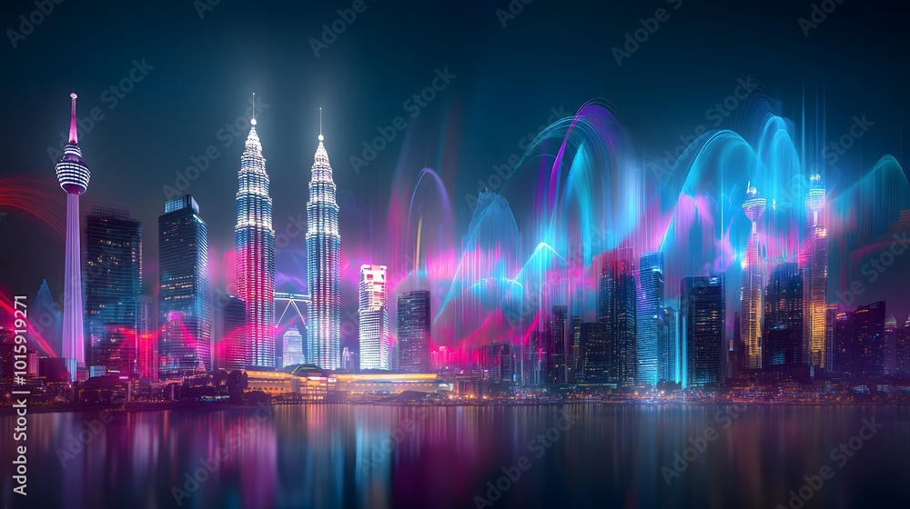 Kuala Lumpur Skyline at Night with Neon Lights and Abstract Patterns Kuala Lumpur Skyline at Night with Neon Lights and Abstract Patterns
