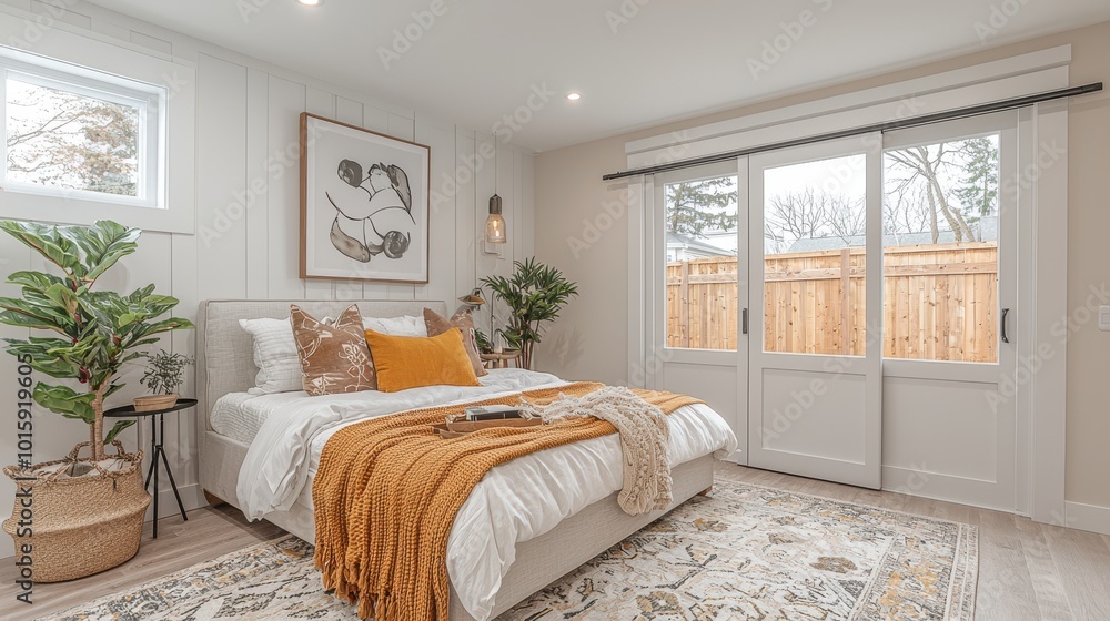 Fototapeta premium Serene Bedroom with Modern Decor and Natural Light