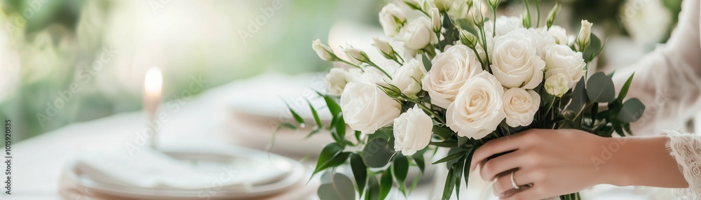 A close-up of a person holding a beautiful bouquet of white roses and greenery, set against a softly lit table to create a romantic atmosphere. A close-up of a person holding a beautiful bouquet of white roses and greenery, set against a softly lit table to create a romantic atmosphere.