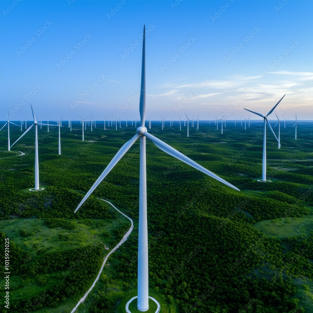 Aerial view of wind turbines in a green landscape under a clear blue sky. Aerial view of wind turbines in a green landscape under a clear blue sky.