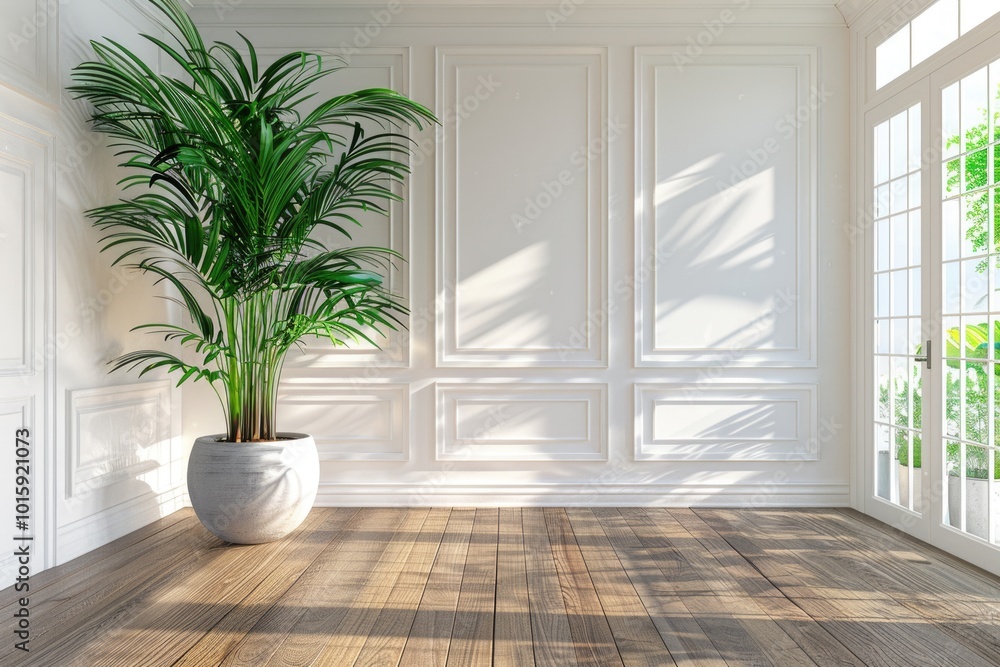 White walls hardwood floors large green plant in room. White walls hardwood floors large green plant in room.