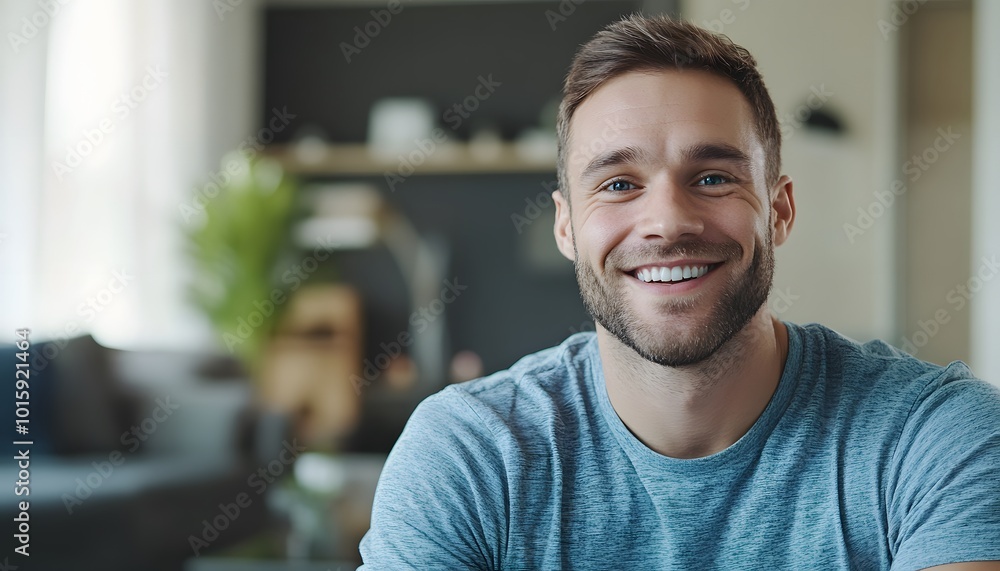 Portrait of a Smiling Man with Blue Eyes in a Blue T-shirt Portrait of a Smiling Man with Blue Eyes in a Blue T-shirt