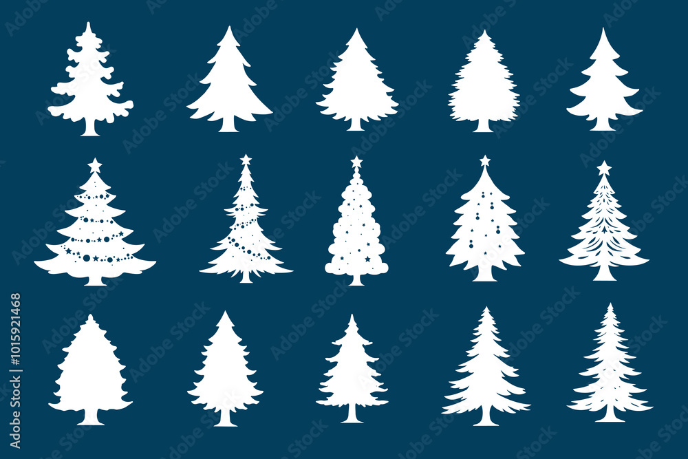 Set of Christmas tree icons, silhouettes in white color. Vintage vector icons isolated on blue background. Silhouettes of Christmas trees with a stars at the top. Set of Christmas tree icons, silhouettes in white color. Vintage vector icons isolated on blue background. Silhouettes of Christmas trees with a stars at the top.