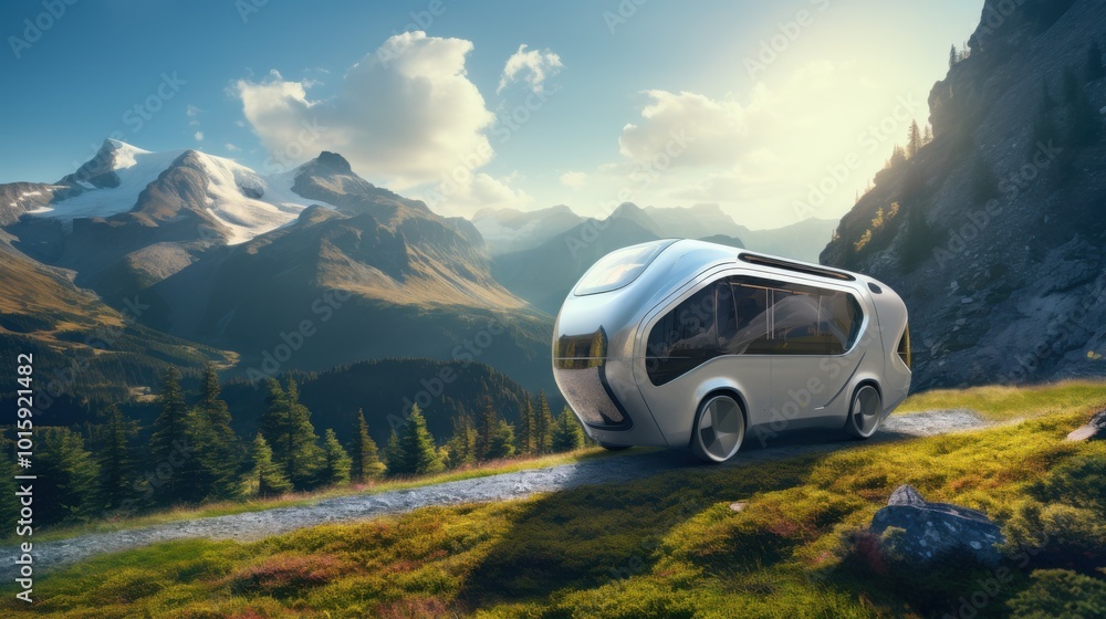 A sleek, futuristic camper van overlooks breathtaking mountains, capturing the spirit of adventure and serenity amidst nature. A sleek, futuristic camper van overlooks breathtaking mountains, capturing the spirit of adventure and serenity amidst nature.