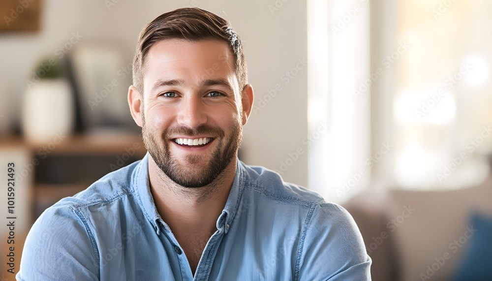 Obraz premium Portrait of a Smiling Man with Short Brown Hair and a Blue Button-Up Shirt
