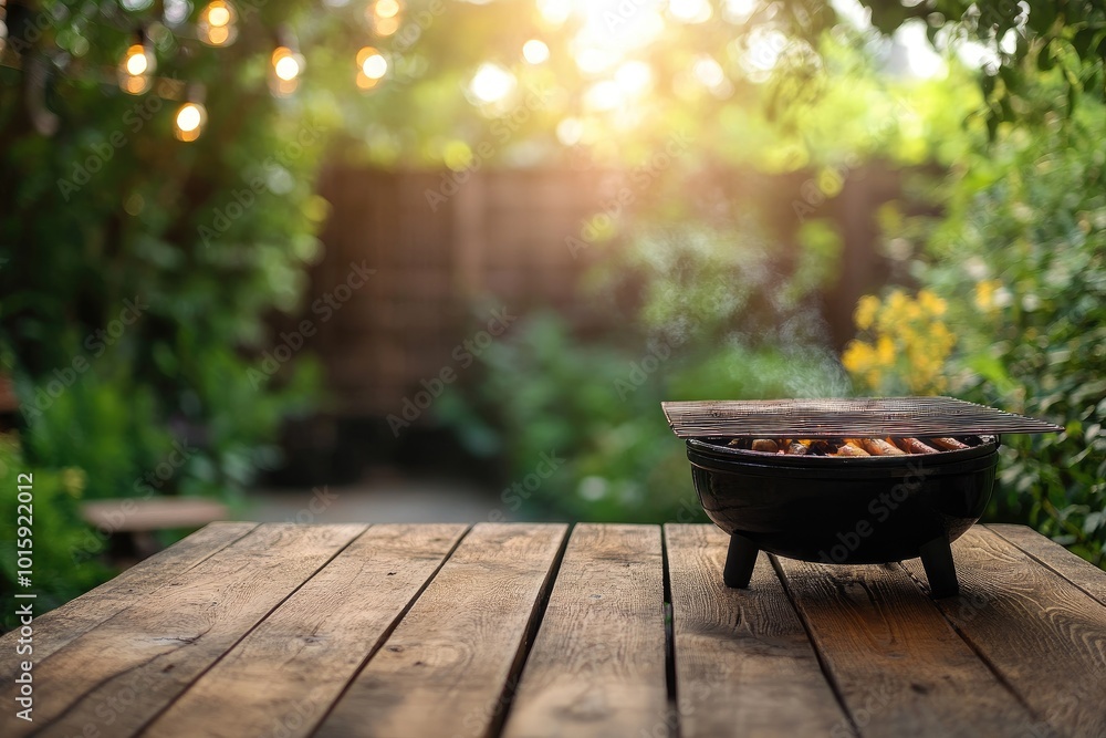 A close-up of a wooden table with a grill in the background. This photo is perfect for a website selling grills, barbecues, or outdoor entertaining products. A close-up of a wooden table with a grill in the background. This photo is perfect for a website selling grills, barbecues, or outdoor entertaining products.