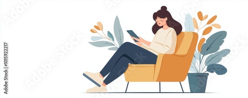 A woman relaxing in a modern chair, enjoying her leisure time while using a smartphone. Surrounded by stylish plants, this scene depicts comfort and tranquility.