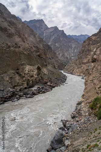 Vertical landscape view of Indus valley and river along the Karakoram Highway, Skardu, Gilgit-Baltistan, Pakistan