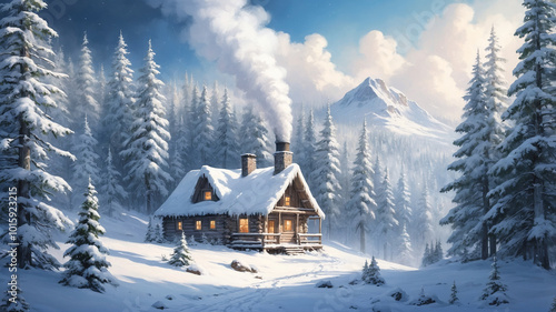 Snow Covered Forest: A serene forest blanketed in snow, with tall evergreen trees dusted in white. A small cabin with lightly white smoke rising up from the chimney 