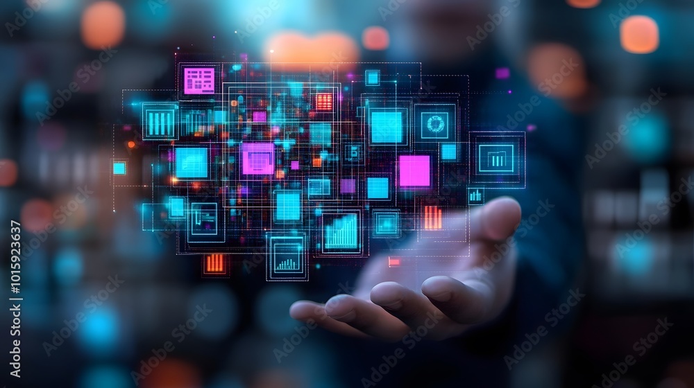 Hand Holding Digital Interface with Icons for Technology and Business Hand Holding Digital Interface with Icons for Technology and Business