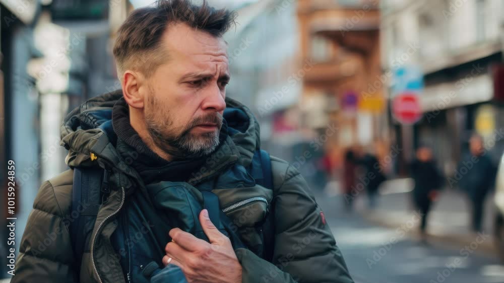 Man Struggling with Chest Discomfort During a Walk Through an Urban Area Man Struggling with Chest Discomfort During a Walk Through an Urban Area