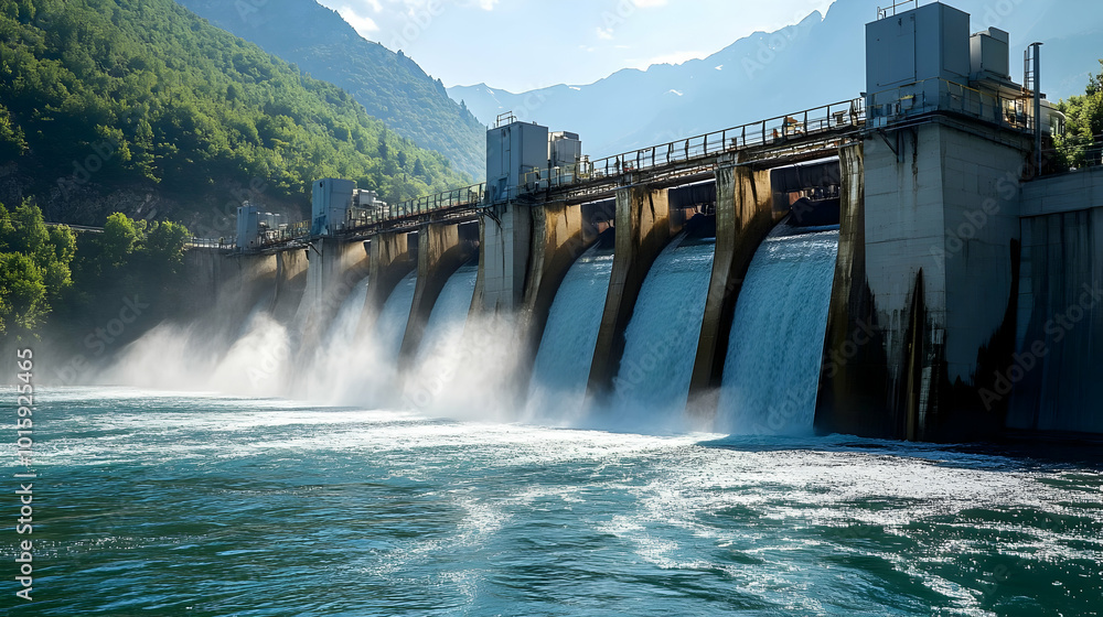 Mountain River Dam Hydroelectric Power Generation Water Flow Mountain River Dam Hydroelectric Power Generation Water Flow