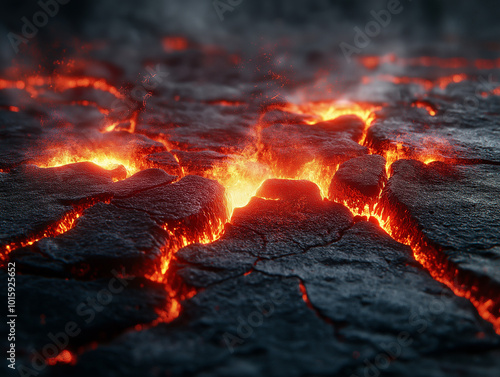 The outer surface of the Earth. Digital image of the burning land. Cracks in the rocks with red smoke billowing from the interior of the mountains.