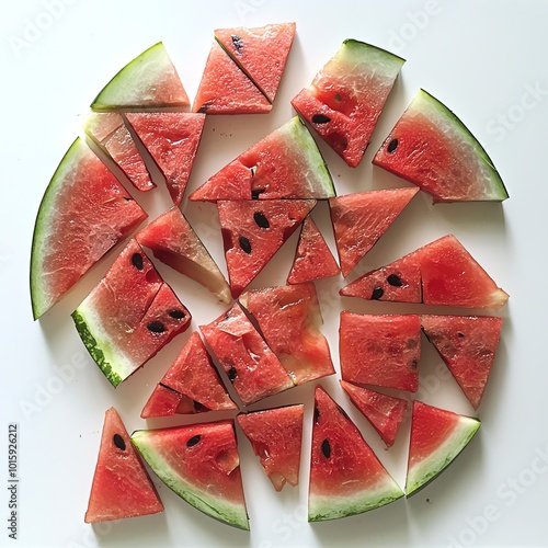 Sliced watermelon in geometric shapes on stark white surface photo