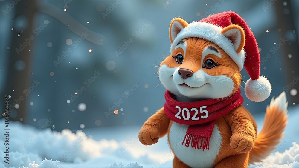 Happy fox in Santa Claus hat in the fabulous winter forest, 2025 happy new year card, 2025 happy new year concept Happy fox in Santa Claus hat in the fabulous winter forest, 2025 happy new year card, 2025 happy new year concept