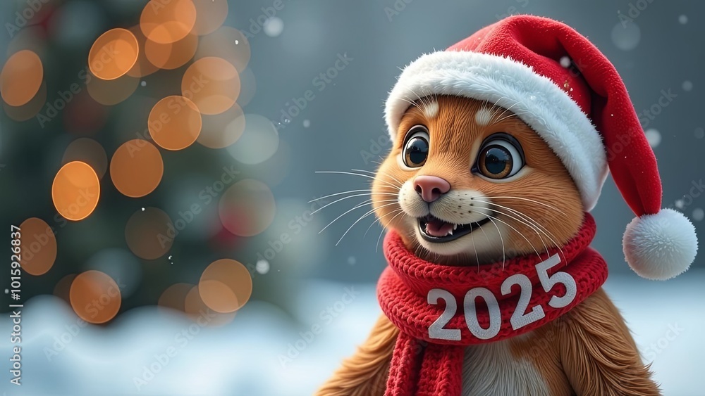 Happy cat in Santa Claus hat in the fabulous winter forest, 2025 happy new year card, 2025 pets new year concept Happy cat in Santa Claus hat in the fabulous winter forest, 2025 happy new year card, 2025 pets new year concept