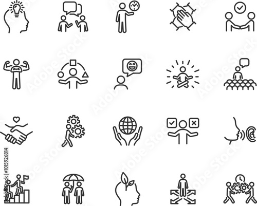 Vector set of soft skills line icons. Contains icons sociability, empathy, confidence, decision making, leadership, perseverance, creativity, adaptability, punctuality and more. Pixel perfect.