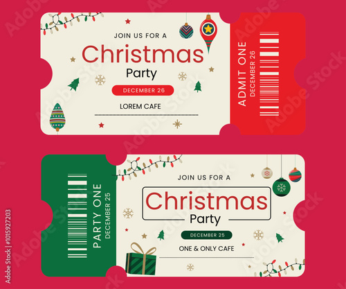 Flat christmas party ticket template Red and green