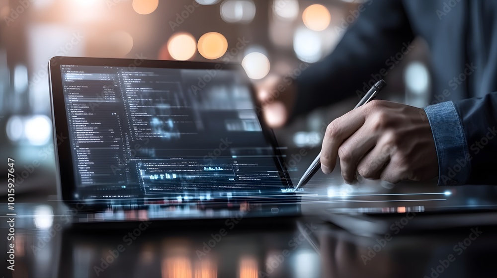 Businessman Working on Laptop with Stylus Pen Data Analysis and Code on Screen Night Office Businessman Working on Laptop with Stylus Pen Data Analysis and Code on Screen Night Office