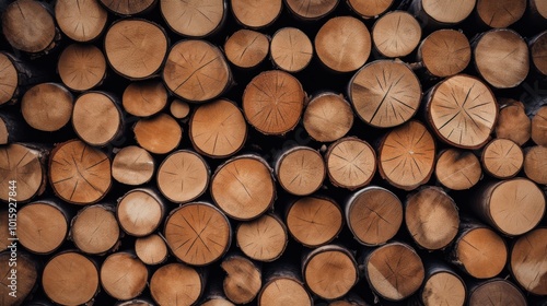 Aerial shot captures the meticulous arrangement of stacked logs, highlighting wood texture and intricate growth rings in warm, natural tones.