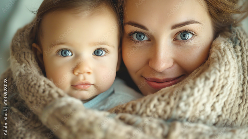 Mother and Baby Playing Peek-a-boo with a Soft Blanket Mother and Baby Playing Peek-a-boo with a Soft Blanket