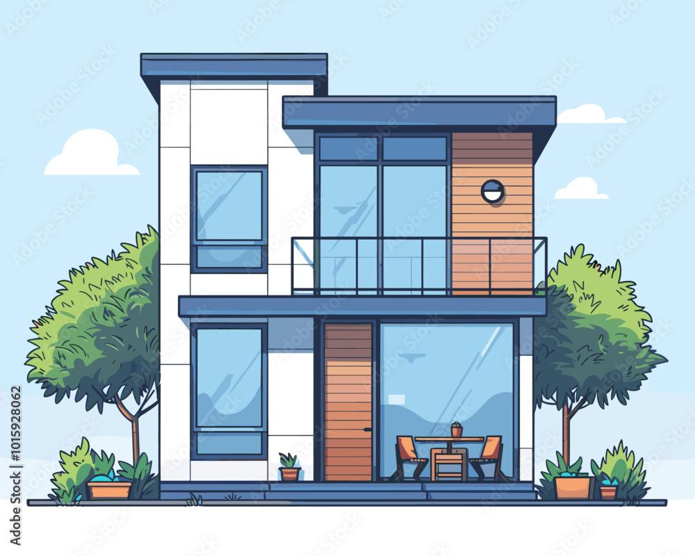 Naklejka premium Modern apartment building with trees and bushes. Flat style vector illustration.