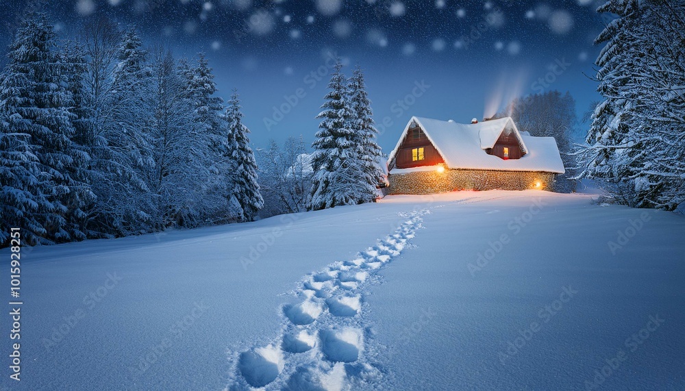Fototapeta premium Santa’s Footprints in the Snow walking to a House