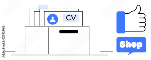 CV folder with user profiles and a thumbs up symbol next to a word bubble with shop text. Ideal for job applications, online shopping, user profile management, social media engagement, and e-commerce