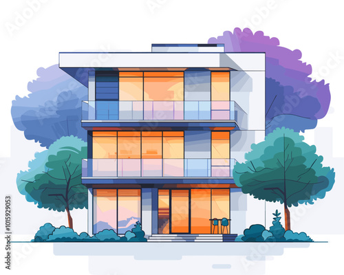 Modern apartment building with trees and bushes. Flat style vector illustration.