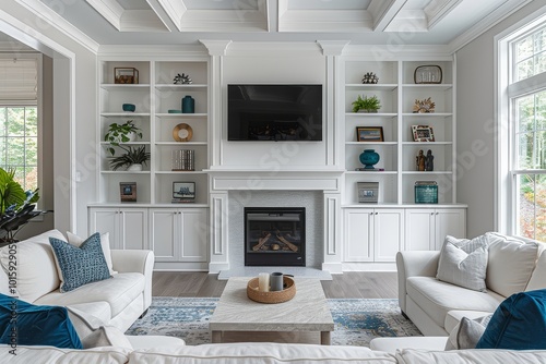 Modern white and blue living room with built-in shelves and a TV above the fireplace, featuring bright daylight and designer-inspired decor. photo