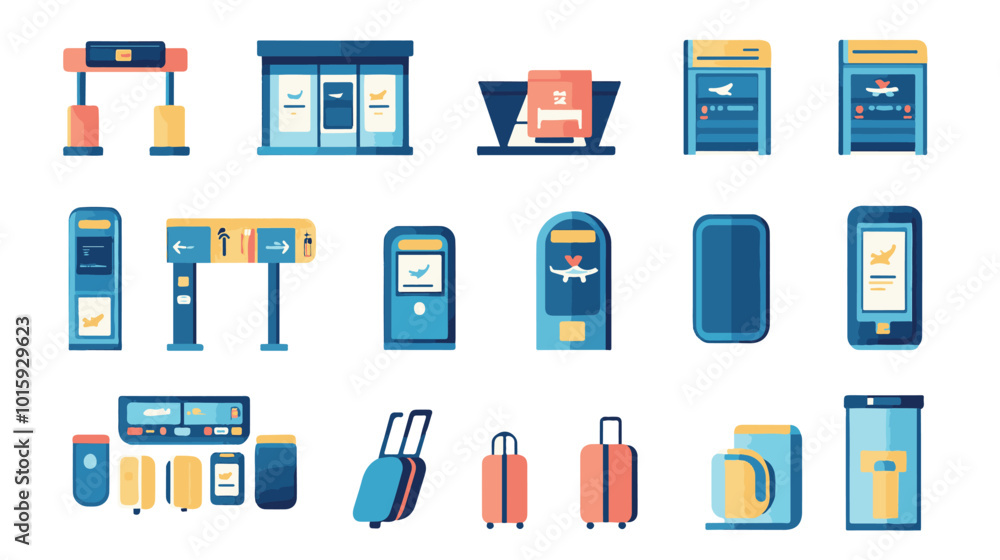 Airport icons flat set with baggage check airplane security control vector illustration. Airport icons flat set with baggage check airplane security control vector illustration.