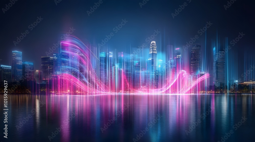 Futuristic City Skyline with Neon Lights and Water Reflections Futuristic City Skyline with Neon Lights and Water Reflections