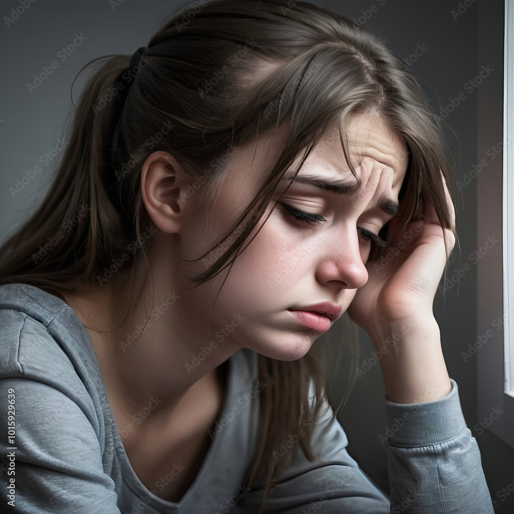 Sad Teen Reflecting by Window in Silence Sad Teen Reflecting by Window in Silence