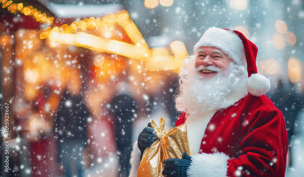 Santa, with a christmas gift candy cane, present bag in hand stands on snow-filled, festive street, village blur background, making scene for Christmas marketing, holiday campaigns. Santa, with a christmas gift candy cane, present bag in hand stands on snow-filled, festive street, village blur background, making scene for Christmas marketing, holiday campaigns.