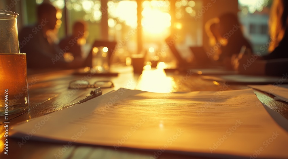 A conference room at sunset, with businesspeople's silhouettes and documents on the table, evokes collaboration and focus, perfect for teamwork and strategy presentations. A conference room at sunset, with businesspeople's silhouettes and documents on the table, evokes collaboration and focus, perfect for teamwork and strategy presentations.