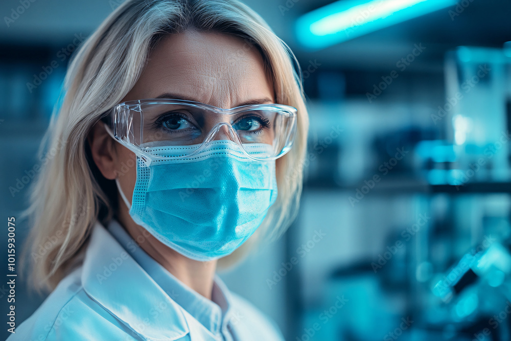 Face of middle aged blond female scientist with face mask and protective glasses in lab Face of middle aged blond female scientist with face mask and protective glasses in lab