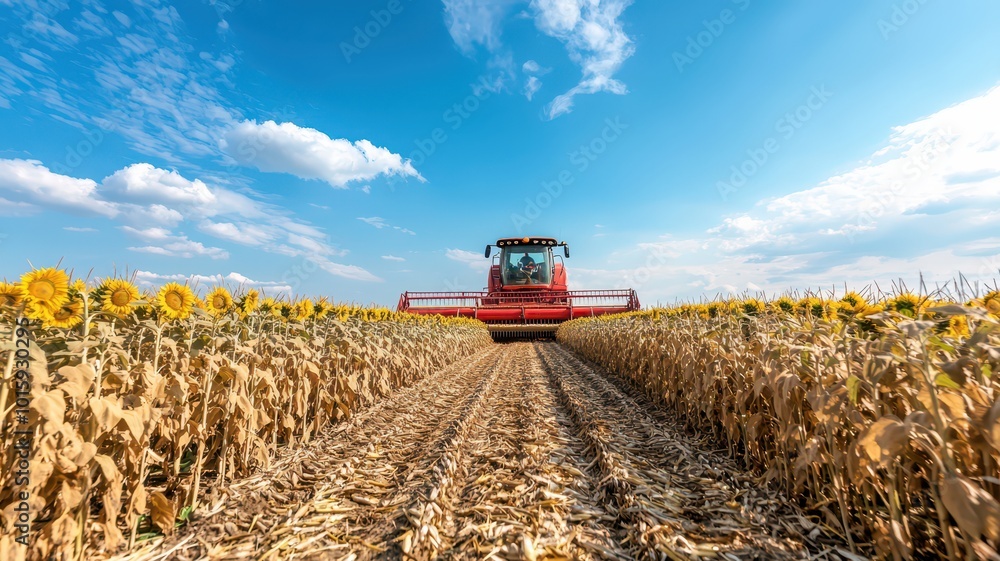 A picturesque scene of vast fields of sunflowers being harvested under a bright blue sky. A picturesque scene of vast fields of sunflowers being harvested under a bright blue sky.